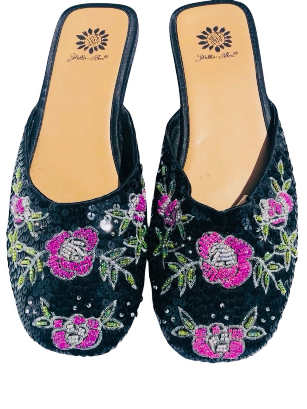 Yellow box Lunar black, pink and green with sequins and beads flat shoes Sz 8